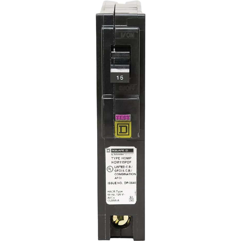 Black single-pole 15 amp circuit breaker with test button for home improvement and electrical safety applications