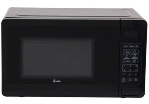 Compact black microwave oven with digital control panel and window for countertop kitchens and small spaces