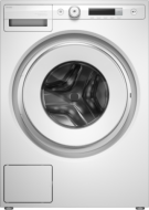 Front view of a white 24" front load washing machine with a clear circular door, part of Front Load Washers, Washers, Appliances, and Washers & Dryers at Hartville Hardware.