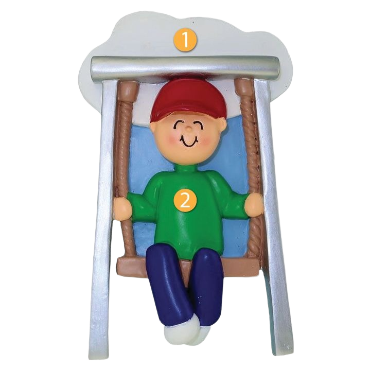 Personalized male figure on swing ornament in green shirt and red hat for Christmas tree décor under $50 collection
