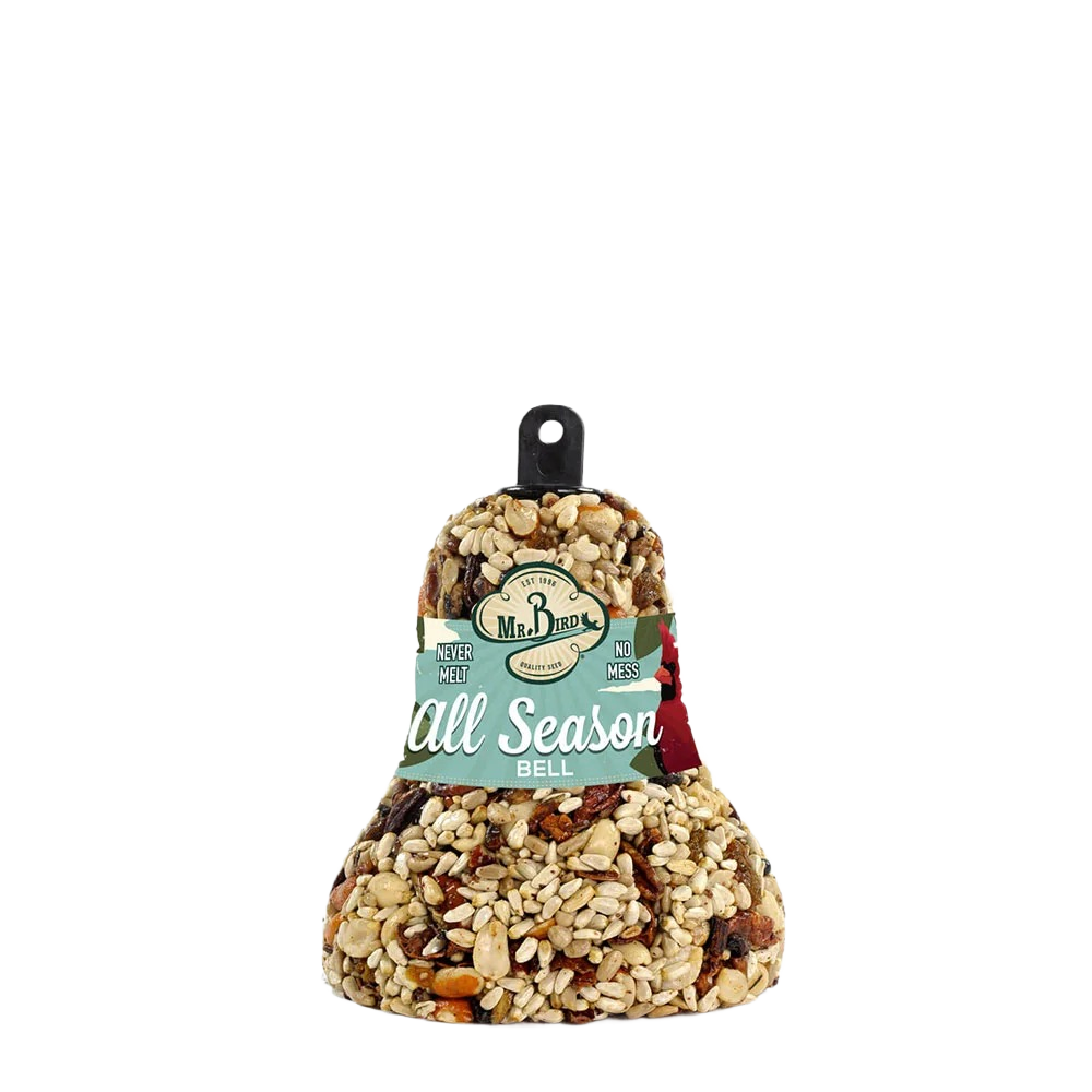 Bell-shaped bird feeder packed with mixed seeds and nuts for year-round outdoor feeding
