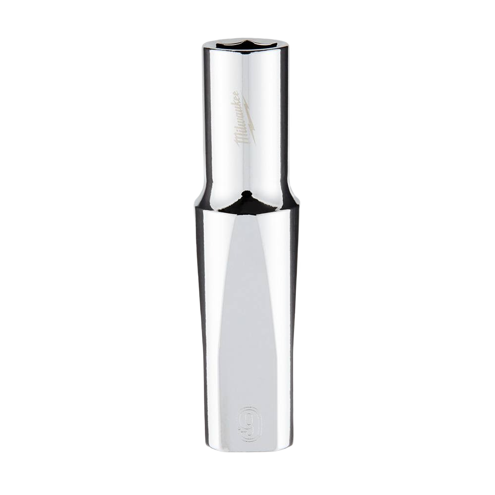 Chrome-plated 9mm deep 6-point socket with four flat sides for secure grip in hand tools and home improvement sets