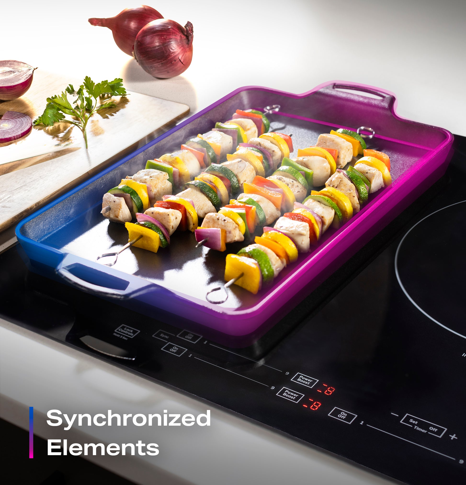 Colorful vegetable and chicken skewers grilling on a purple pan over a black touch control induction cooktop