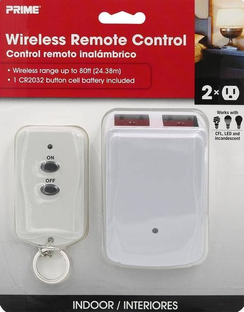 Compact white indoor wireless remote with two outlets and keychain transmitter for home and tool use