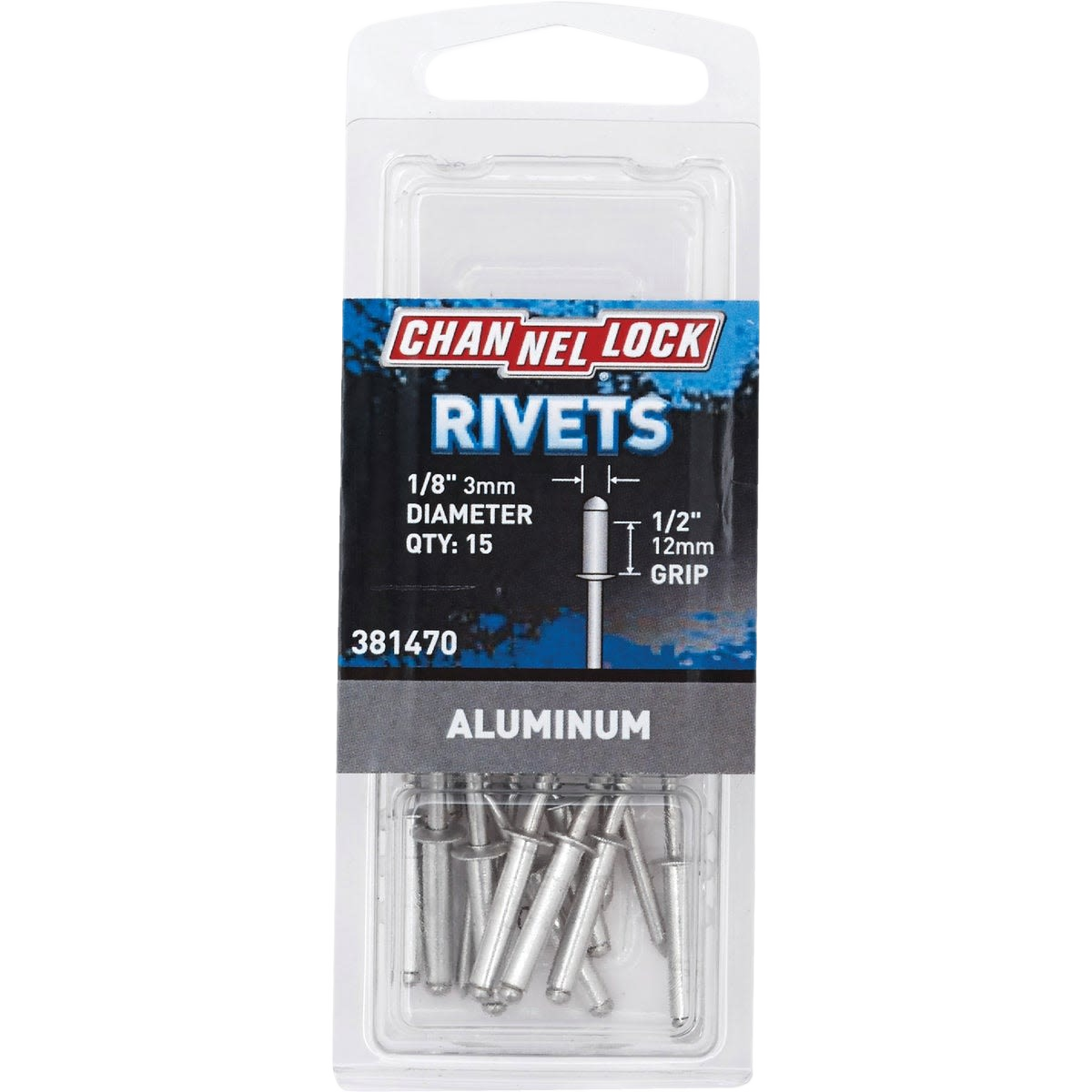 Clear plastic pack of aluminum pop rivets with labeled dimensions for tools and home improvement projects