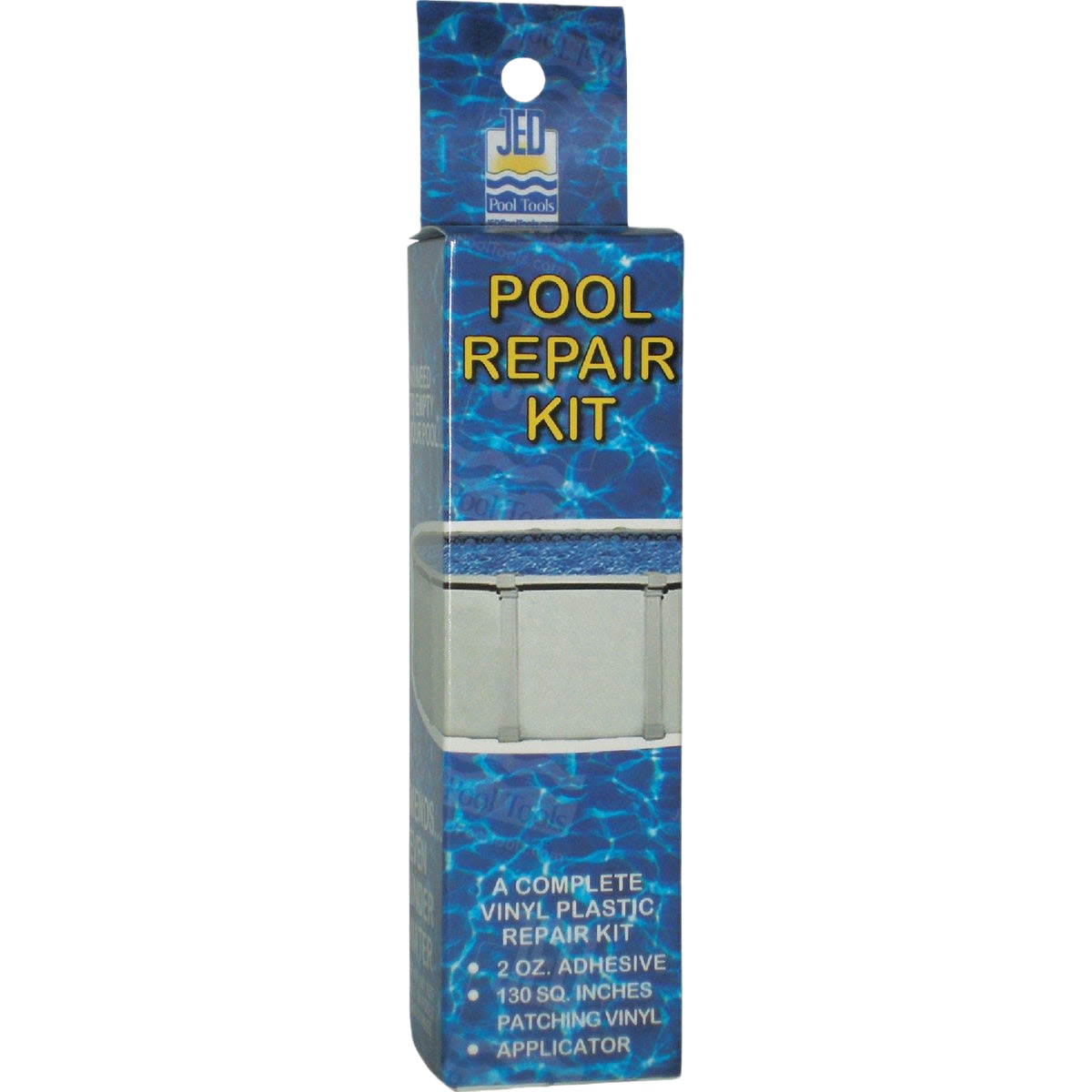 Blue packaging of a vinyl pool repair kit with adhesive and patching materials for home improvement use