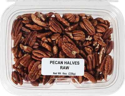 Clear plastic container filled with raw pecan halves labeled with weight in snacks and food collection
