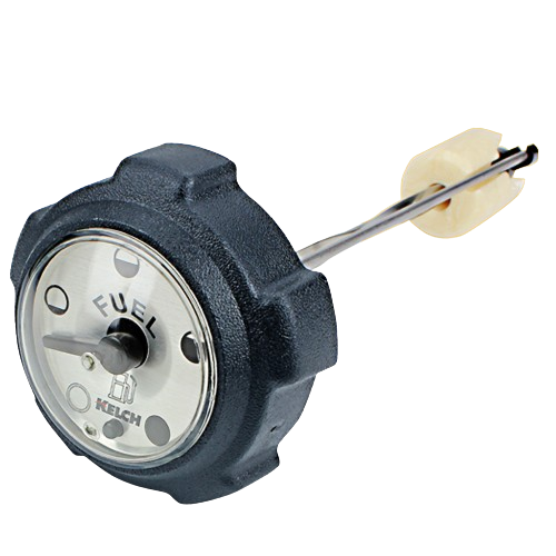 Black fuel gauge with clear dial and attached metal float arm for automotive and tractor parts accessories