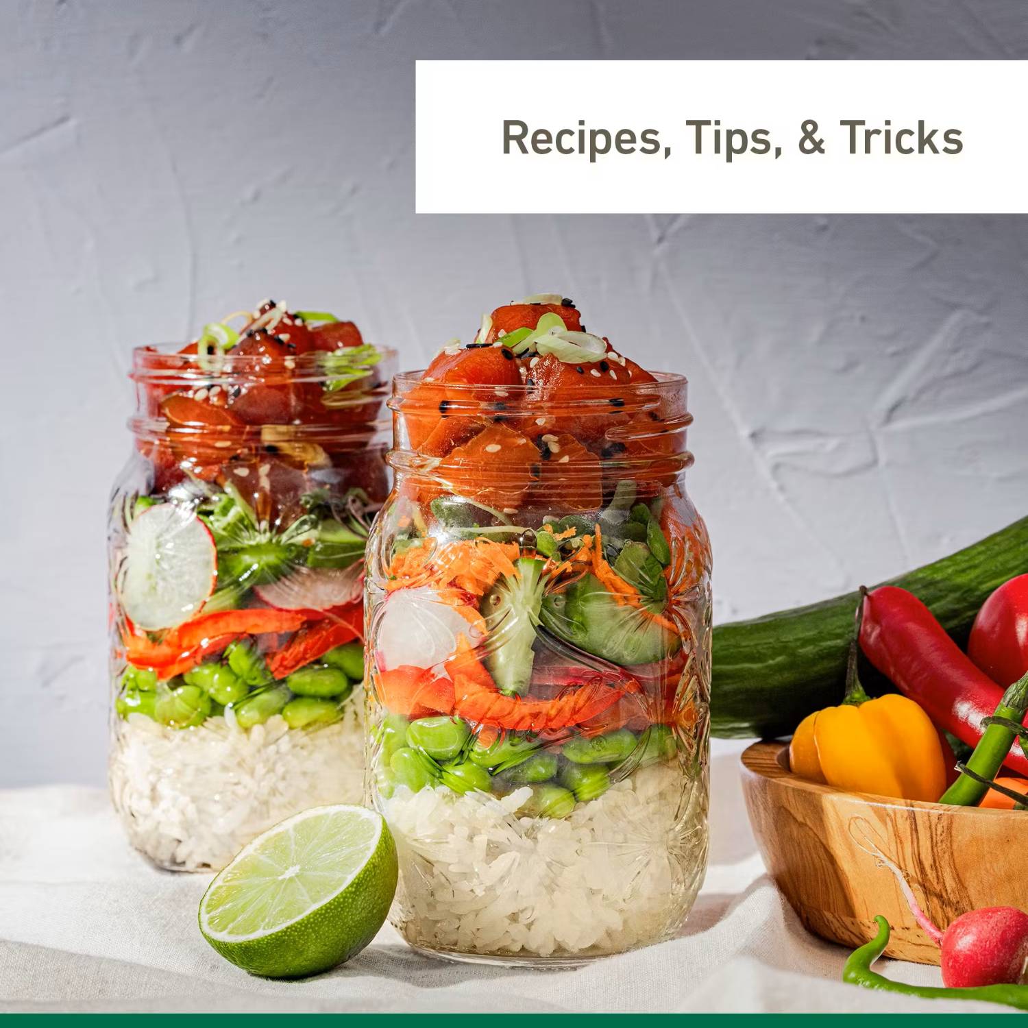 Two glass jars layered with fresh vegetables and rice, kitchenware collection, under $50 category
