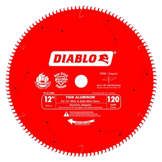 Red 12-inch saw blade with 120 carbide teeth designed for precise aluminum and metal cutting in woodworking tools.