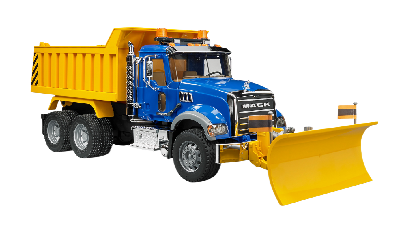 Blue and yellow 1:16 scale Mack Granite dump truck toy with front plow for tools and home improvement play