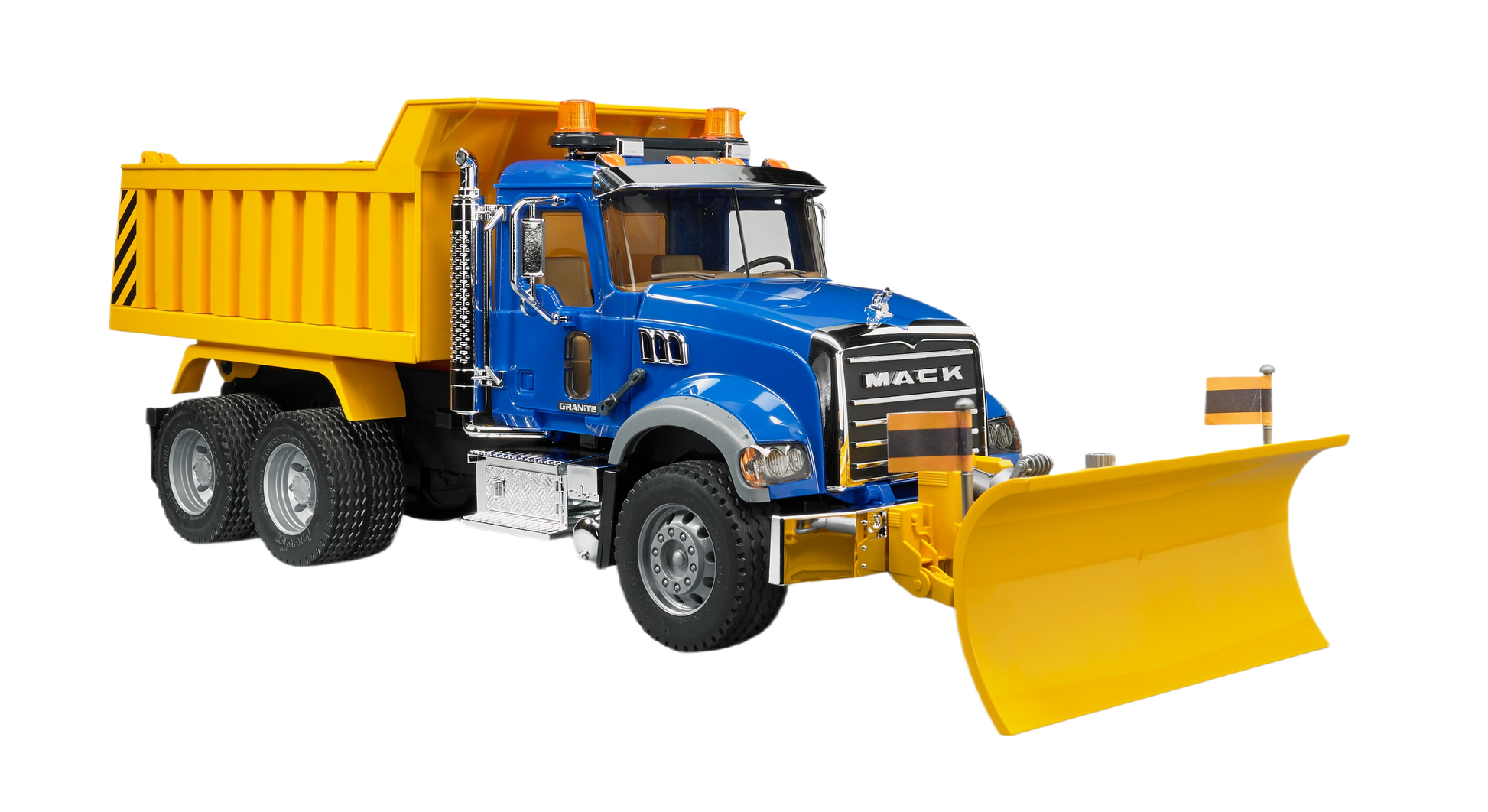Blue and yellow 1:16 scale Mack Granite dump truck toy with front plow for tools and home improvement play