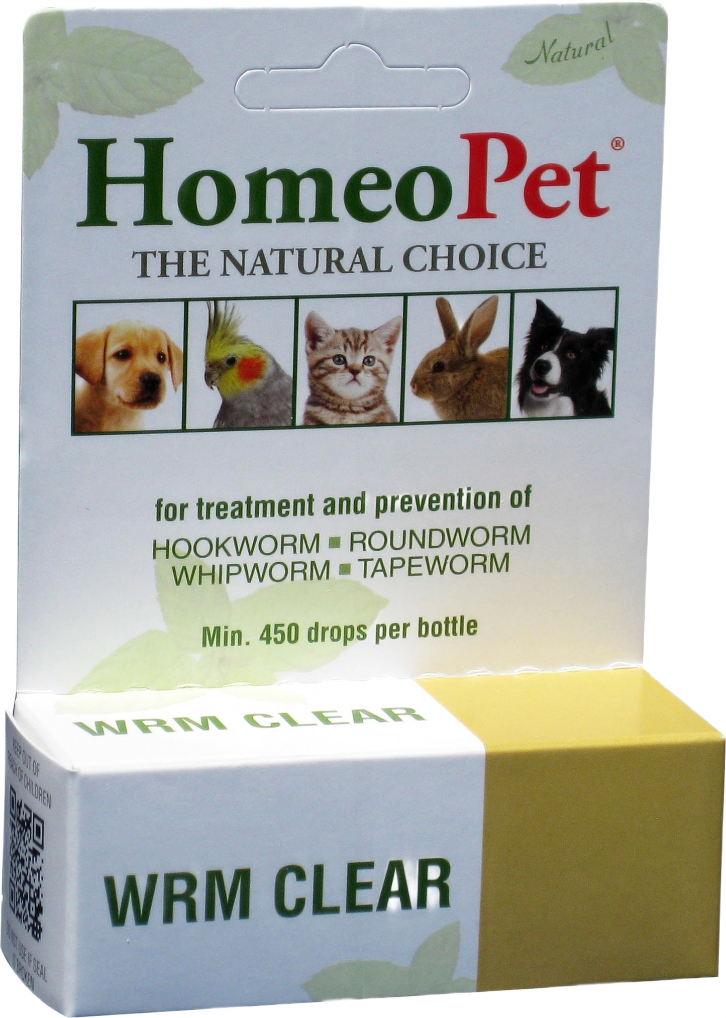 Homeopet natural worm treatment packaging showing small animals for parasite prevention and care