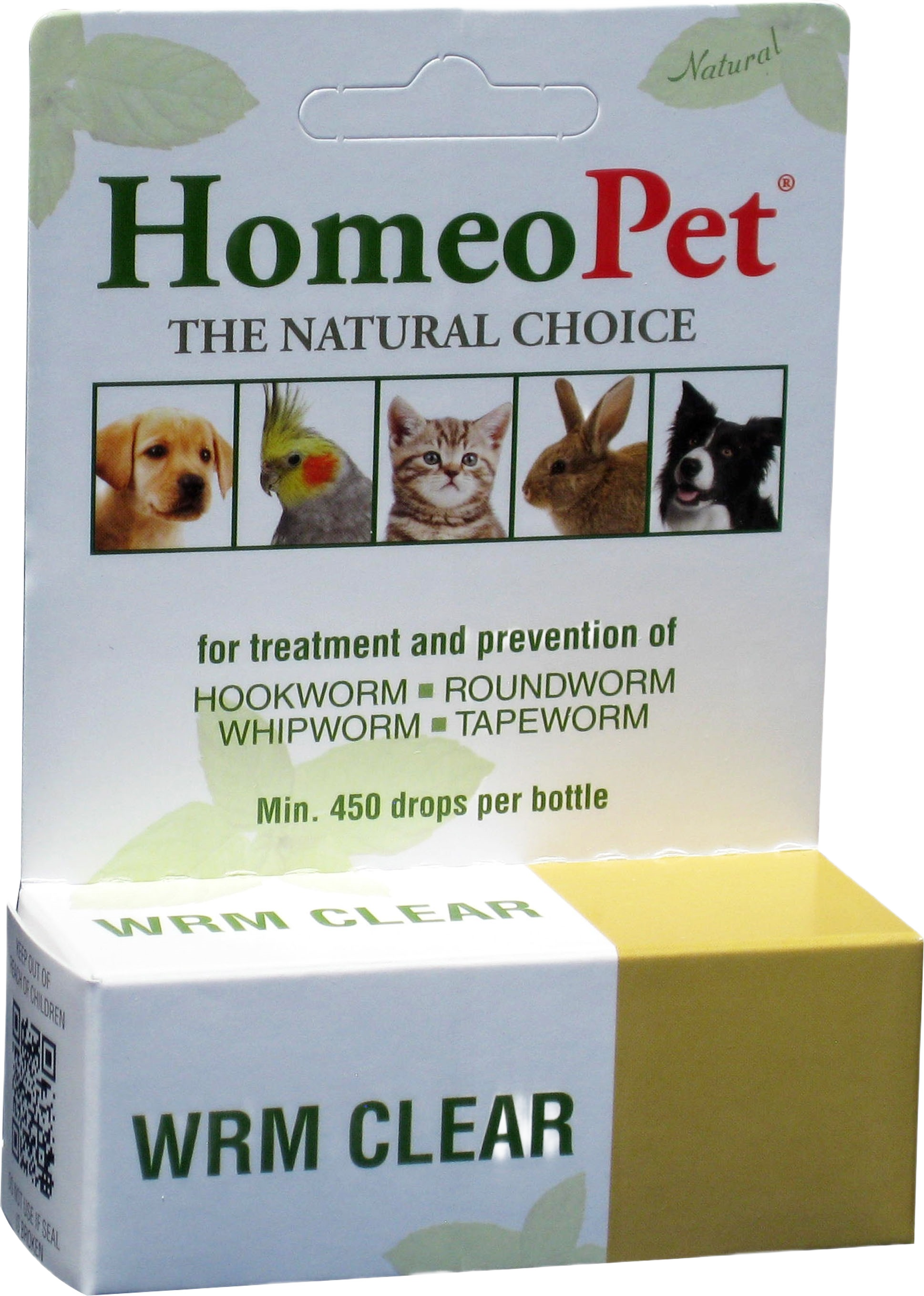 Homeopet natural worm treatment packaging showing small animals for parasite prevention and care