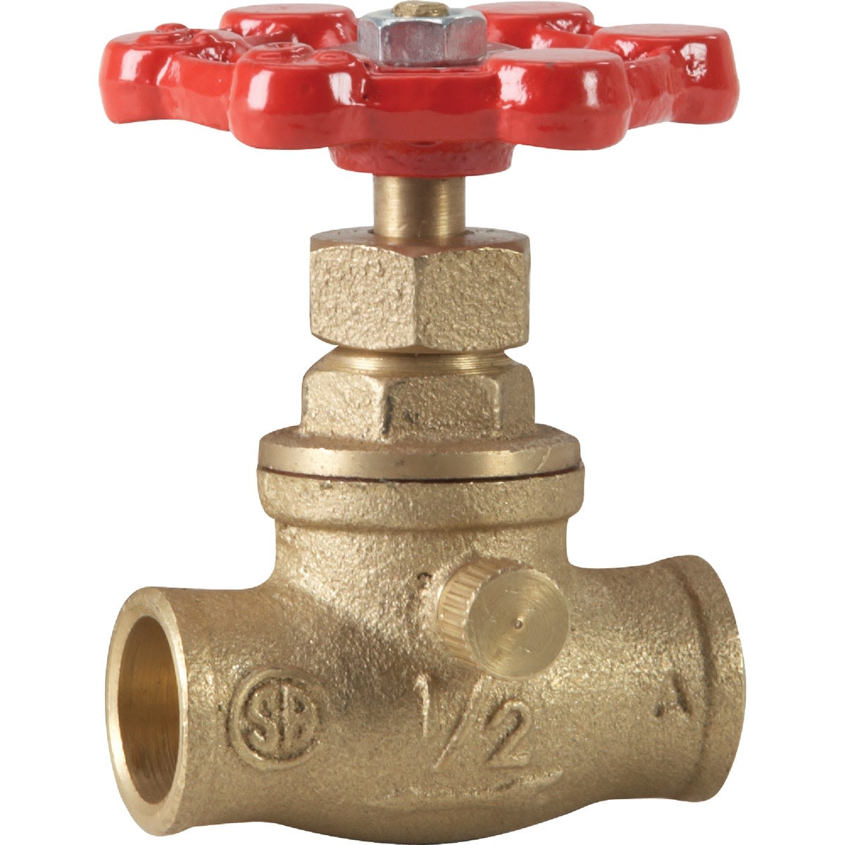 Brass compression valve with red wheel handle for plumbing and valve applications under $50 in home improvement tools