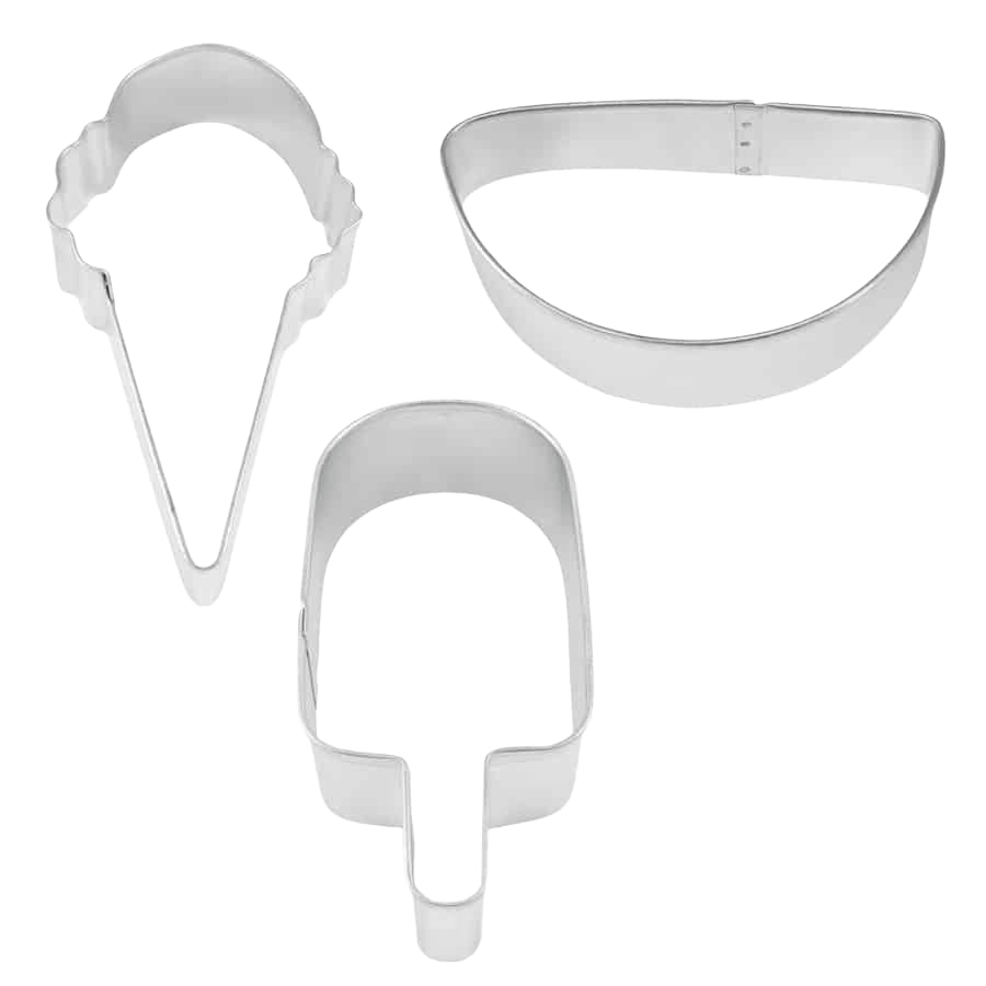 Steel cookie cutters in ice cream cone, watermelon slice, and popsicle shapes for kitchenware and bakeware under $50 collections