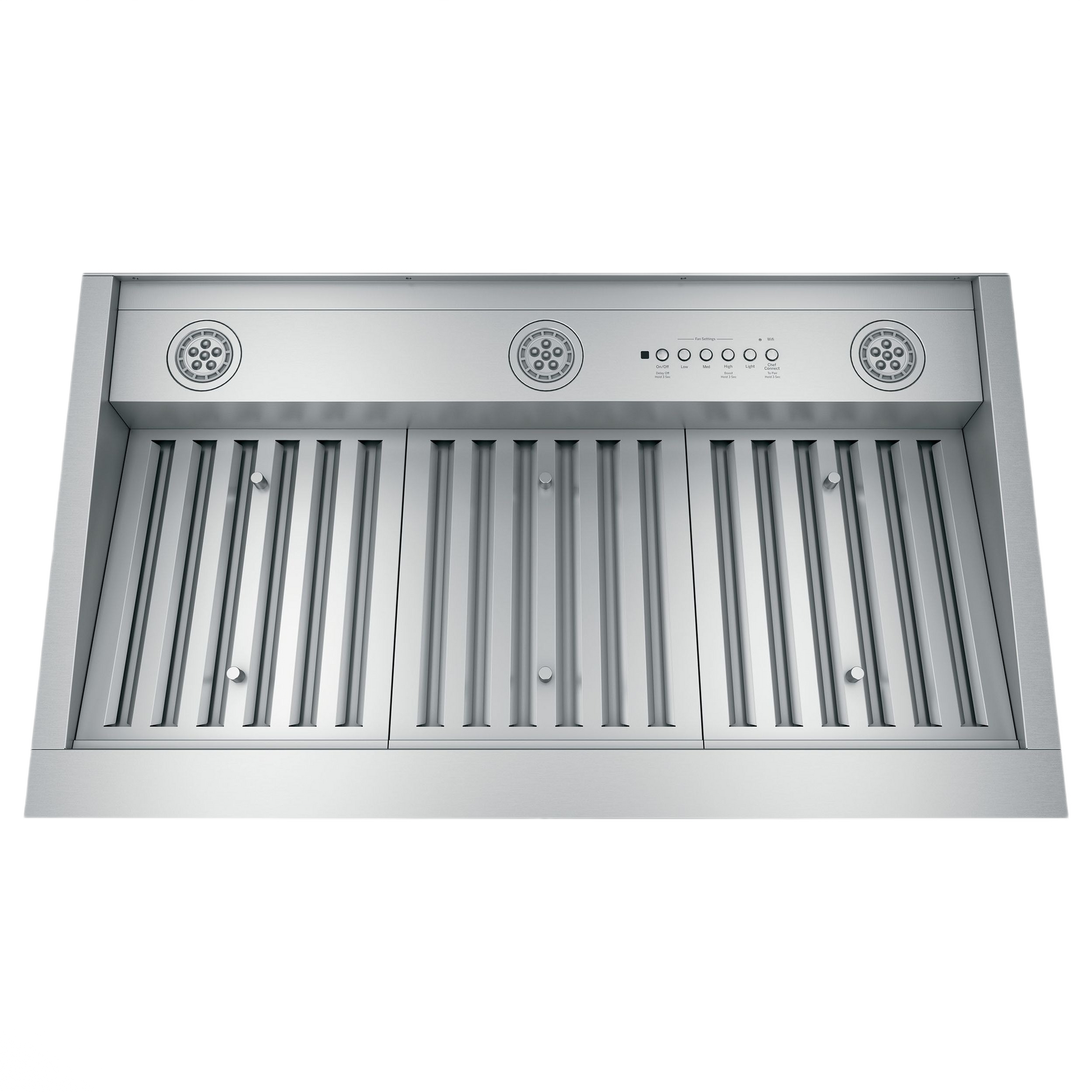 Stainless steel kitchen range hood insert with dimmable LED lights and control panel from appliances collection