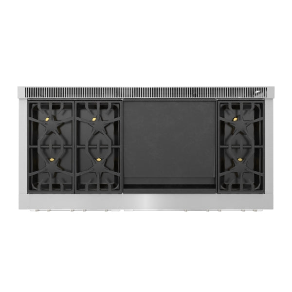 Top view of stainless steel dual fuel range with six burners and integrated 24-inch griddle from Thermador collection