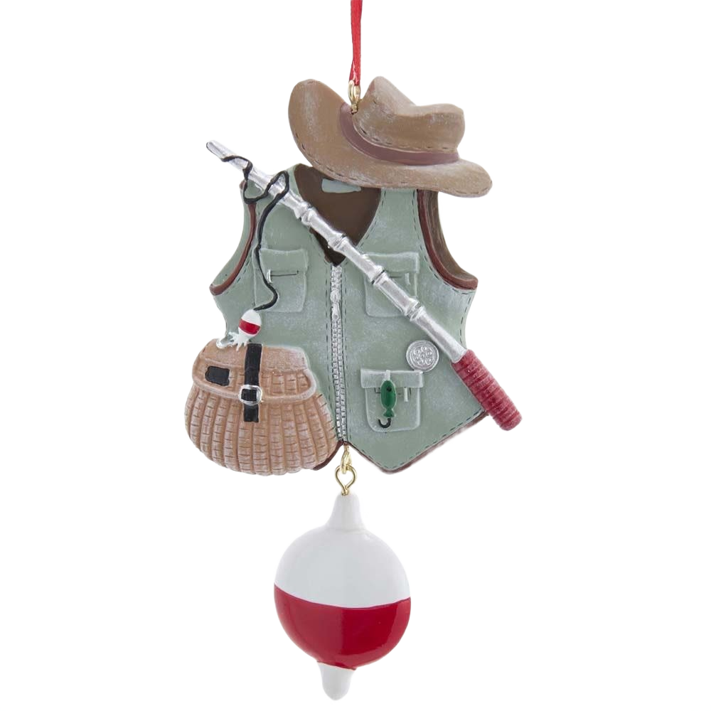 Green fishing vest holiday ornament with hat, rod, basket, and bobber for Christmas tree decoration under $50