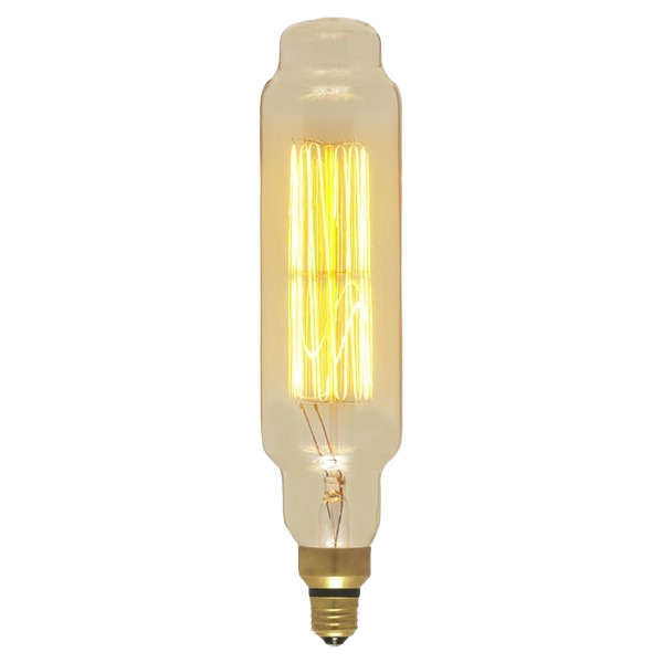 Long vintage-style tubular light bulb with glowing filament, suitable for lighting and electrical home improvement.
