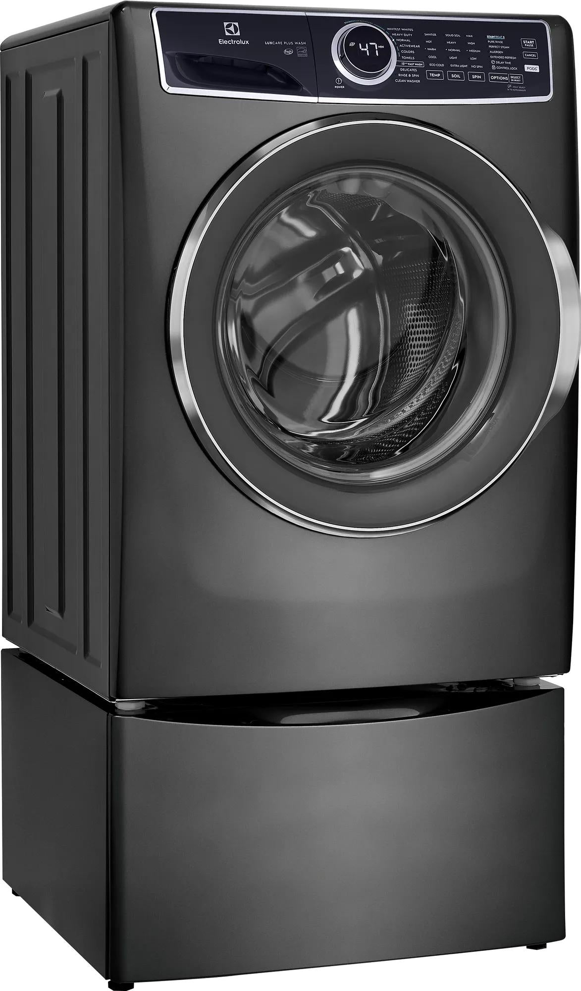 Dark gray front load washer with digital controls and circular door in front load washers and appliances collection