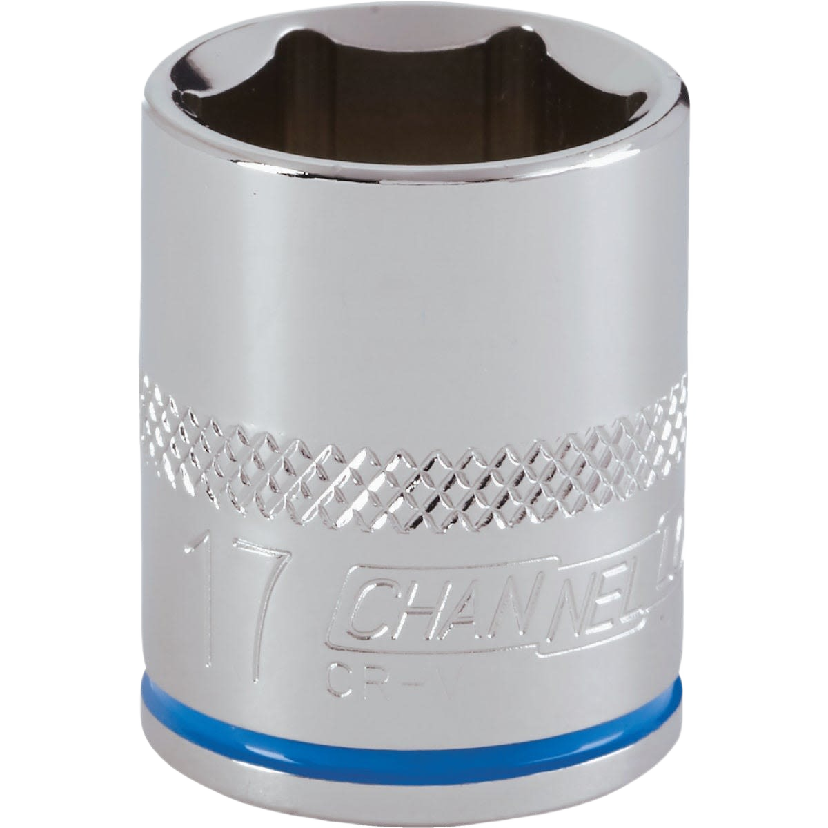 Chrome-finished 17mm 6-point shallow metric socket with grip texture for hand tools and socket sets under 50 dollars