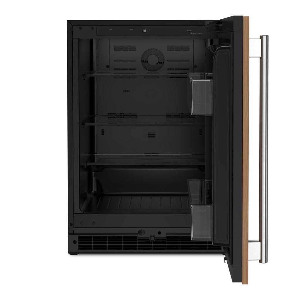 Open 24-inch panel-ready undercounter refrigerator with LED lighting and adjustable shelving from KitchenAid Appliances collection