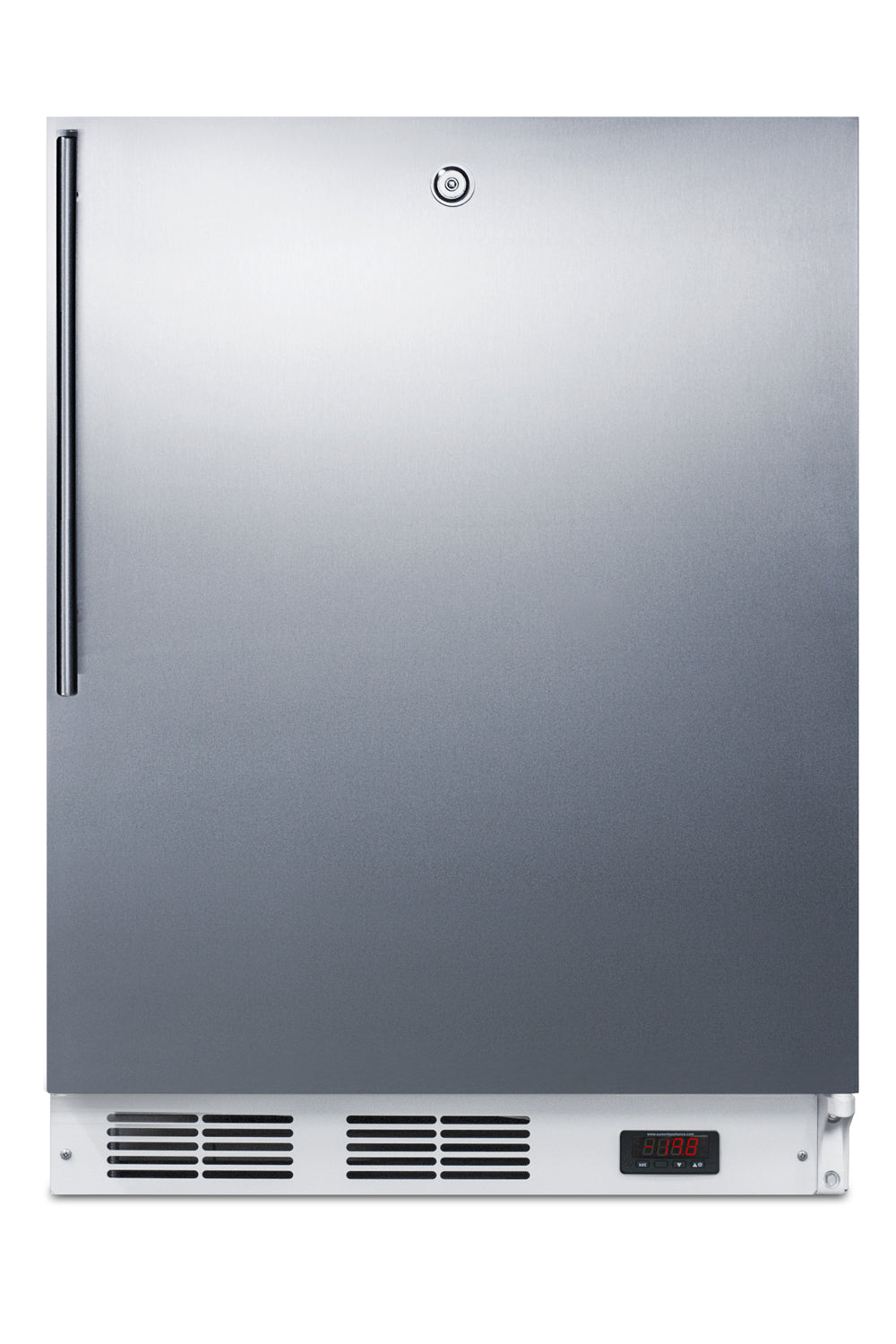Stainless steel freestanding all-freezer with vertical handle, lock, and digital temperature display from Freezers & Ice Makers collection