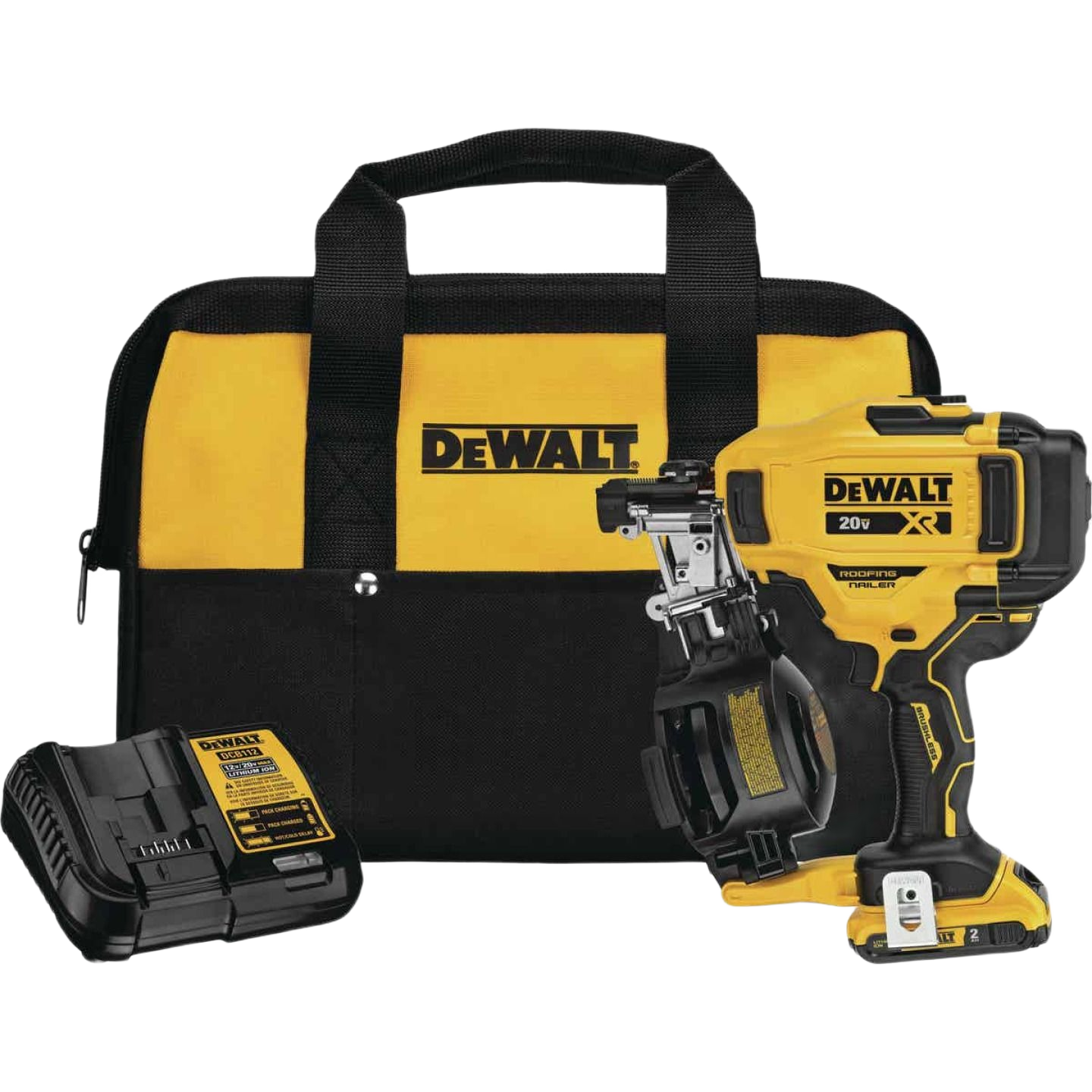 Yellow and black cordless coil roofing nailer with battery charger and carrying bag for tools and home improvement use