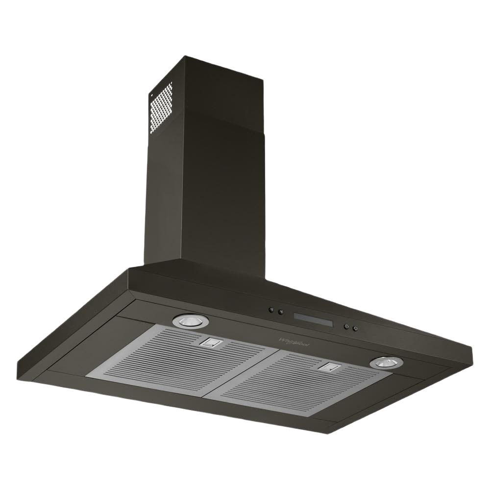 Matte black wall mount chimney range hood with LED lights and dishwasher-safe grease filters for kitchen appliances collections