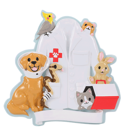 Holiday ornament featuring a veterinarian coat with happy dog, cat, rabbit, and bird for festive tree decor under $50