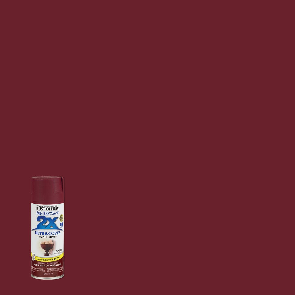 Rust-Oleum Claret Wine satin spray paint can against matching painted background in Spray Paint collection