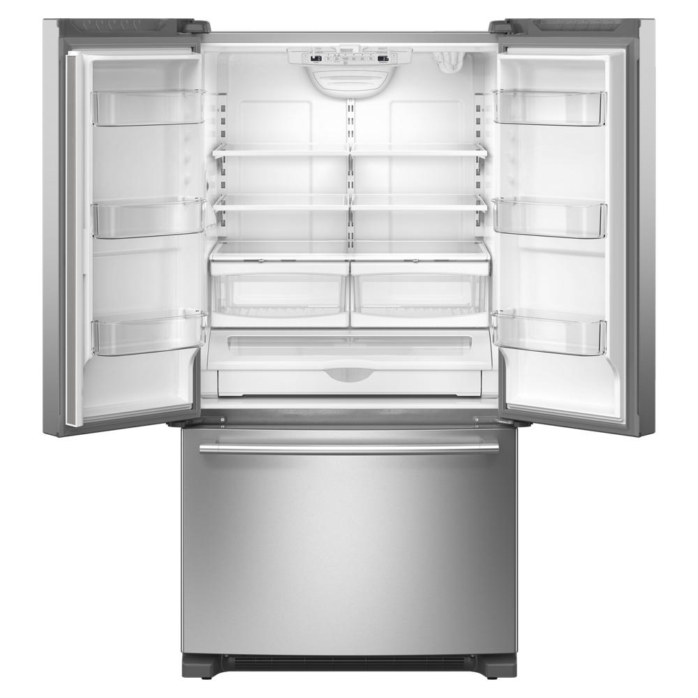 Open stainless steel French door bottom freezer refrigerator with adjustable shelves and clear storage bins for kitchen appliances