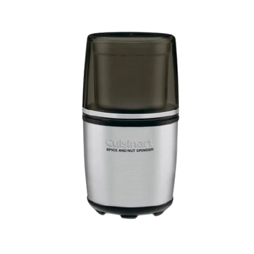 Compact stainless steel electric spice and nut grinder with removable dark lid for kitchen use and home improvement tasks