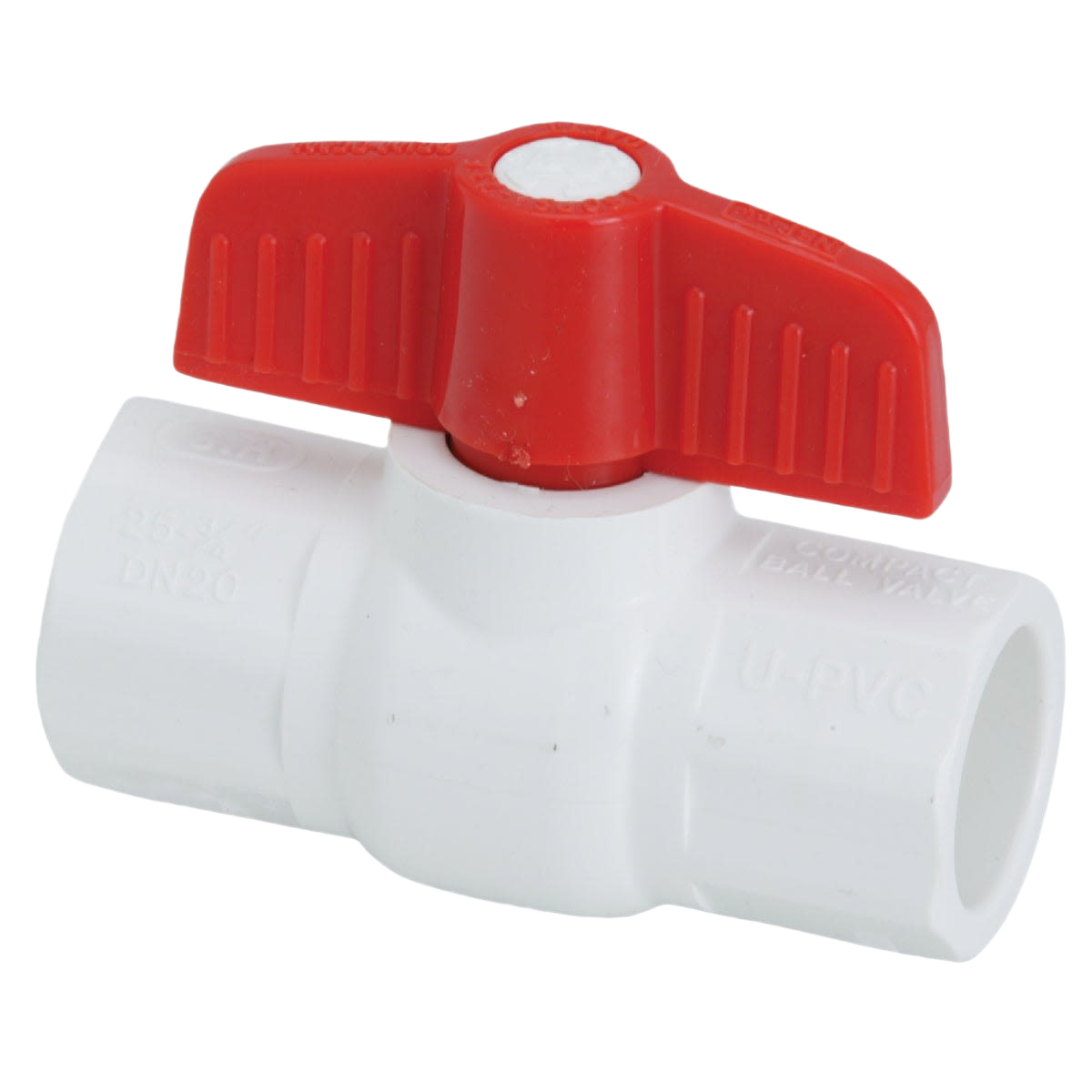 White PVC ball valve with red quarter turn handle for plumbing and home improvement applications