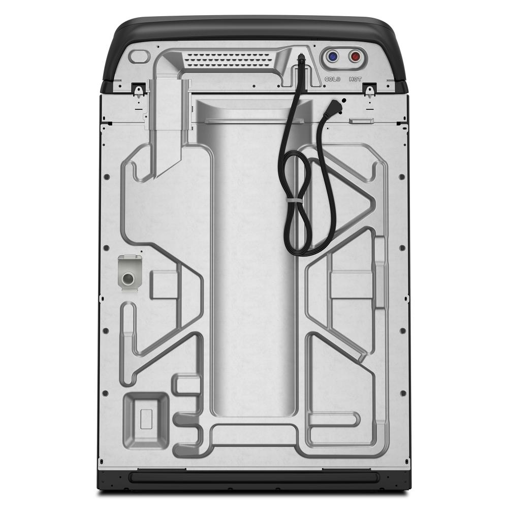 Back view of stainless steel top load washer with water inlet ports, power cord, and structural frame in appliances collection