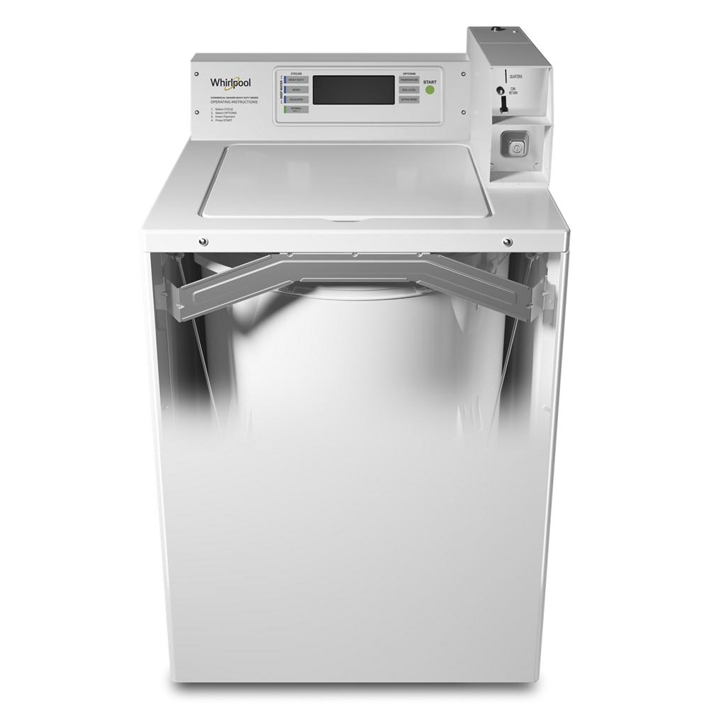 White commercial top-load washer with factory-installed coin drop and coin box in washers and appliances collection