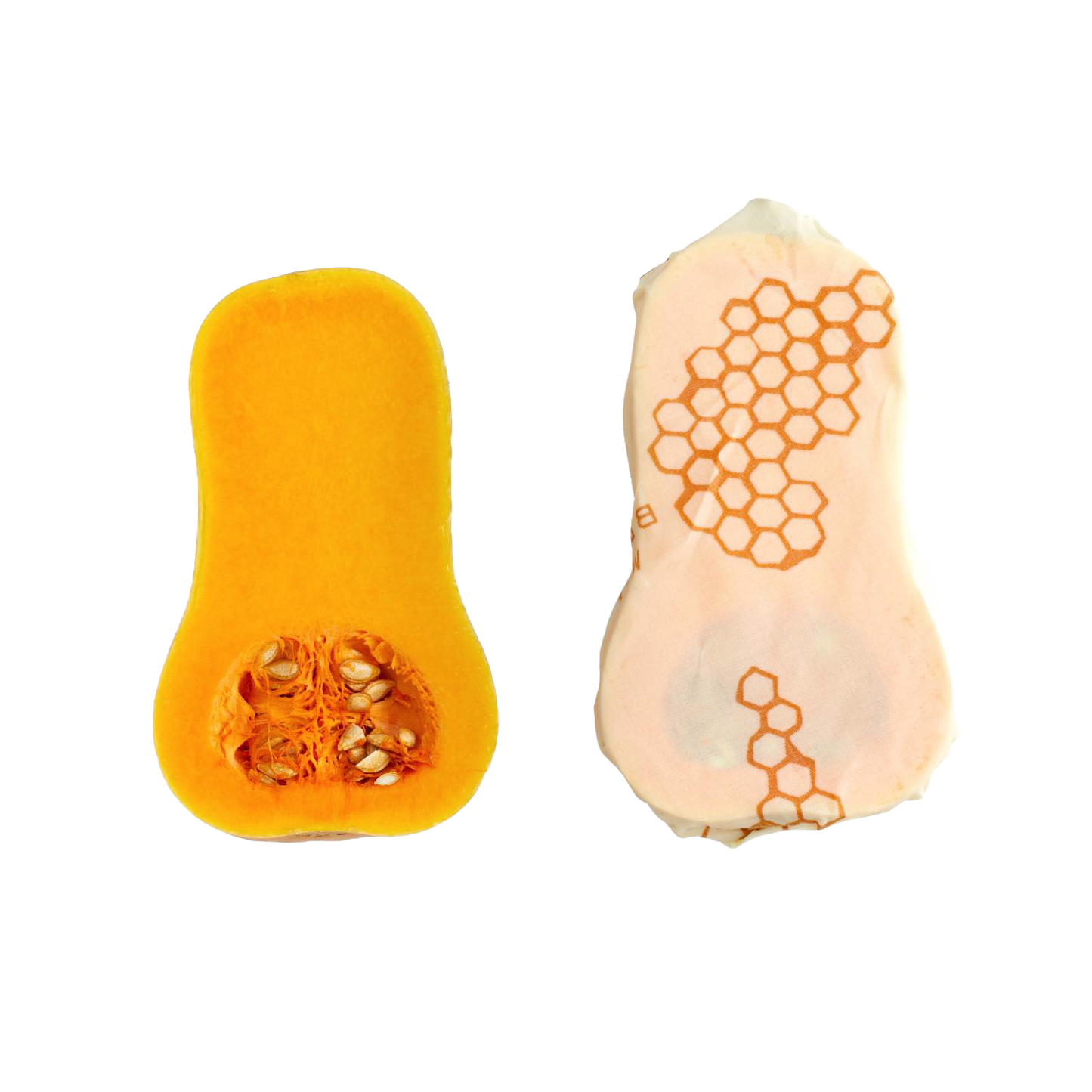 Butternut squash half wrapped in large beeswax honeycomb-patterned food wrap for kitchen and food storage use