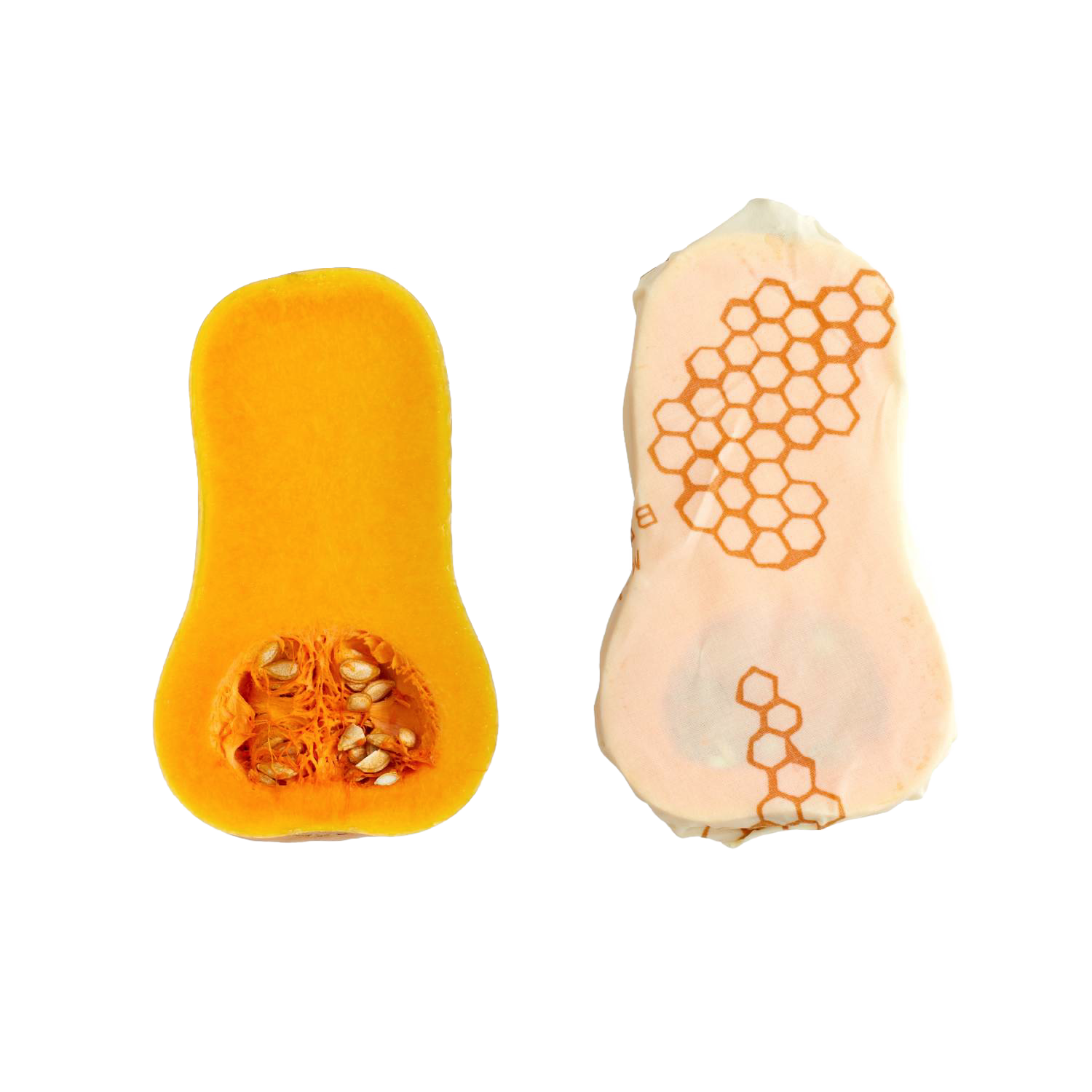 Butternut squash half wrapped in large beeswax honeycomb-patterned food wrap for kitchen and food storage use