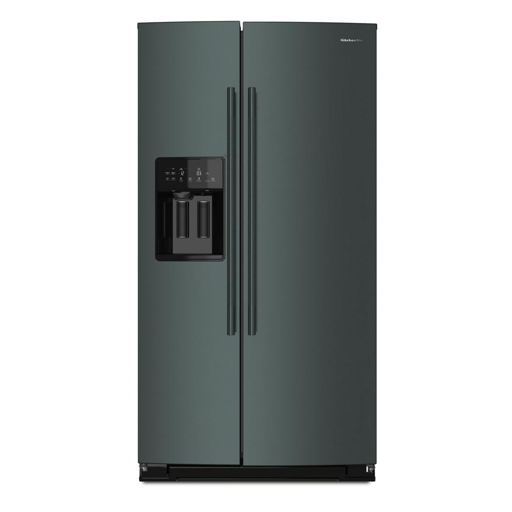 Counter-depth side-by-side refrigerator in juniper with exterior ice and water dispenser in KitchenAid appliances collection