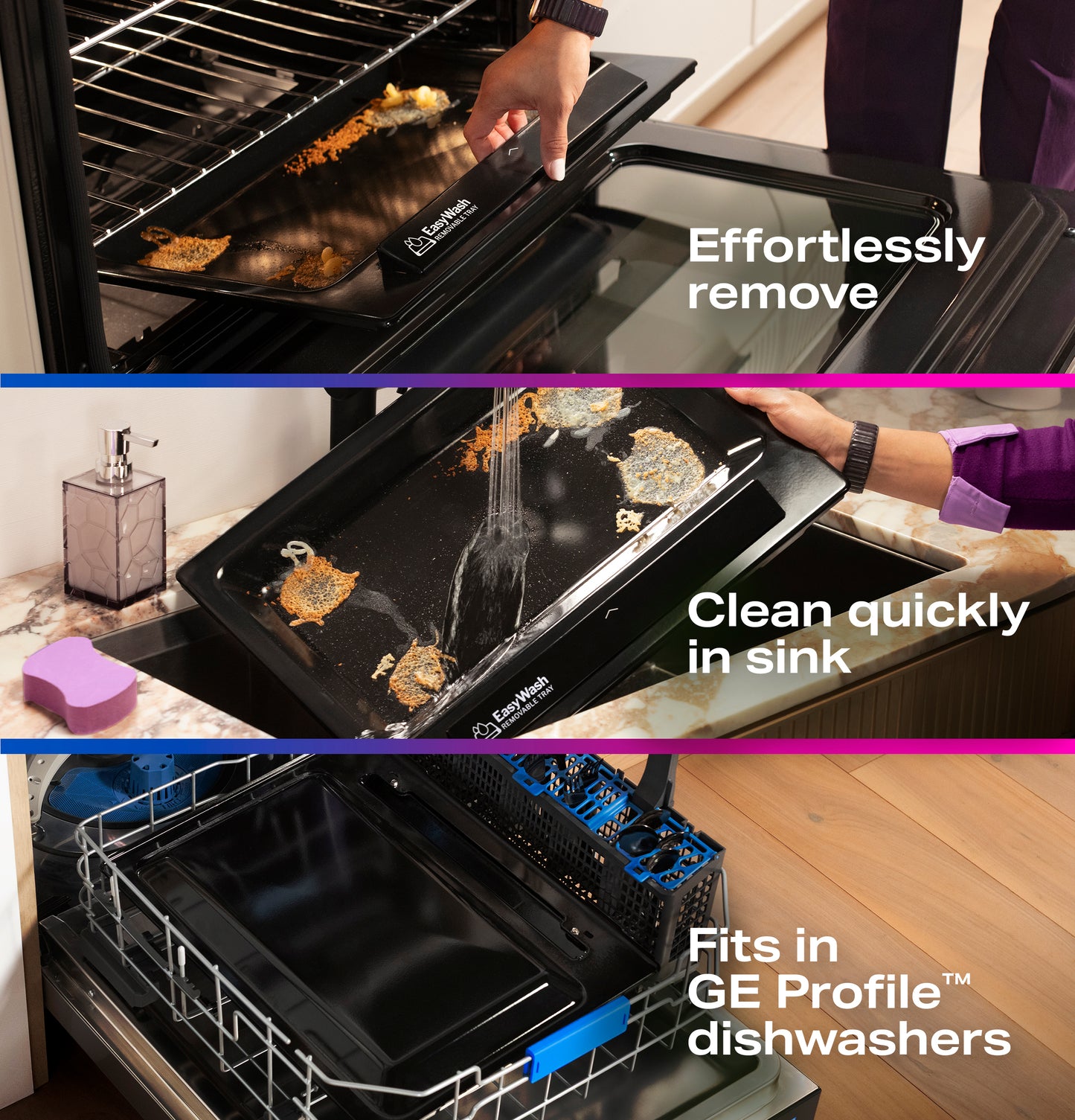 Person removing and cleaning EasyWash™ oven tray with burnt food, showing tray fits in GE Profile™ dishwasher for easy cleanup