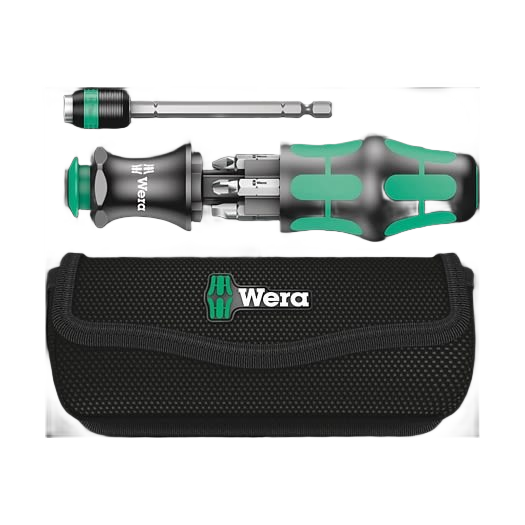 Compact black and green Wera screwdriver set with interchangeable bits and nylon pouch for tools and home improvement tasks