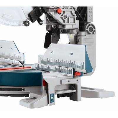 Close-up of Bosch 12 in. dual-bevel glide miter saw featuring adjustable angle guides for precise cuts in power tools collection