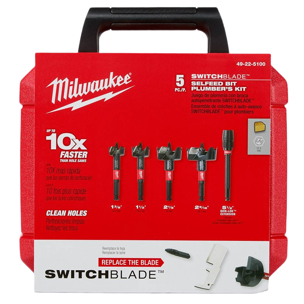 Red Milwaukee 5-piece self-feed bit set in a compact case for plumbing tools and home improvement tasks