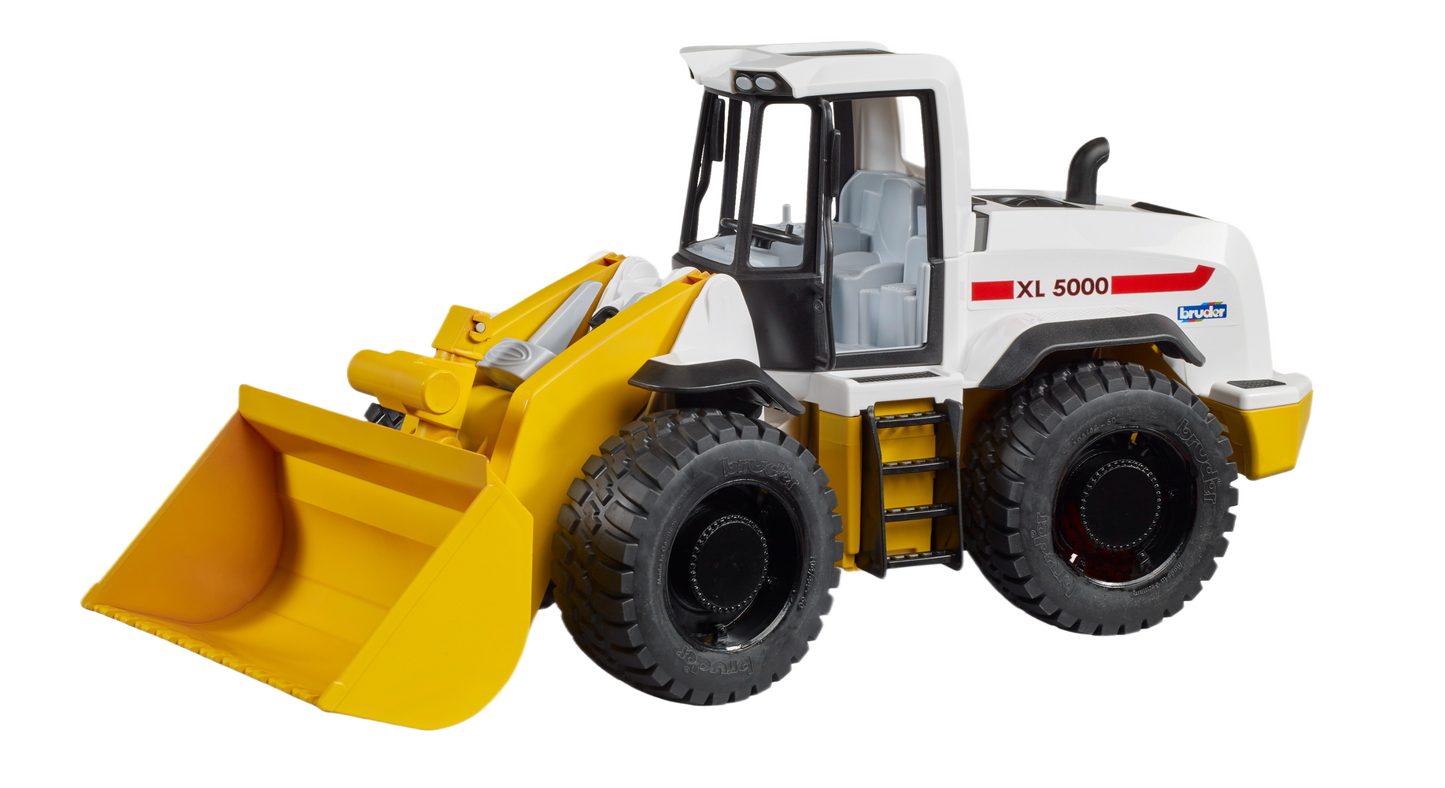 Yellow and white Bruder wheel loader toy with detailed cabin and rugged tires for construction play activities