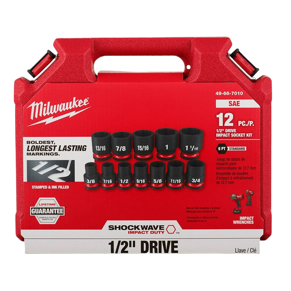 Red impact socket set with 12 pieces and 6-point design for hand tools in home improvement collections