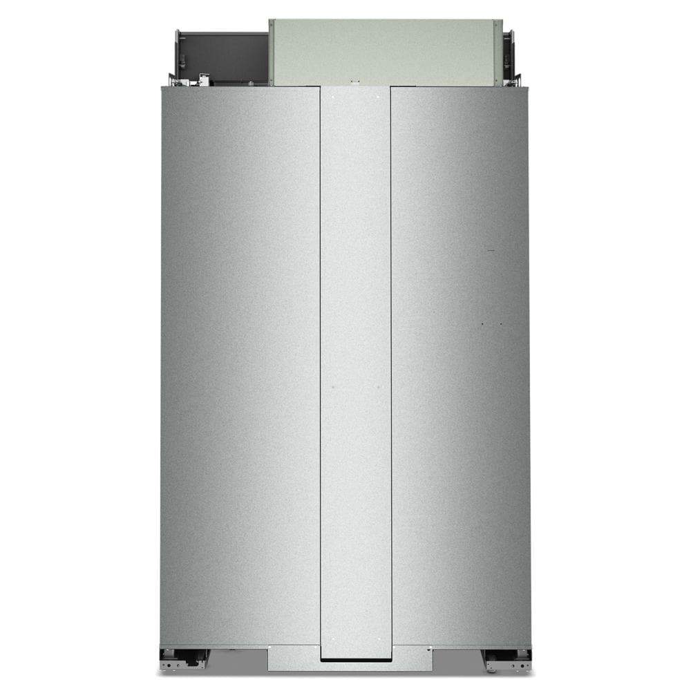 Built-in side-by-side refrigerator with platinum interior and customizable hardware options in KitchenAid appliances collection