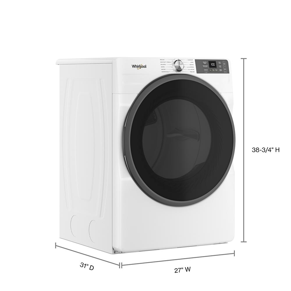 White front load electric dryer with digital controls and large black door for laundry appliance collection