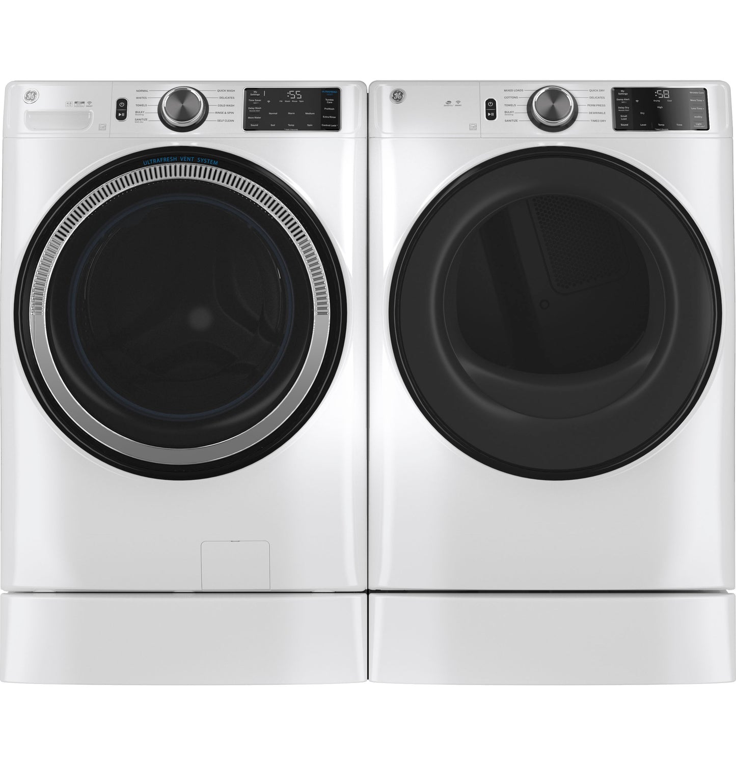 Front view of white front-load washer and dryer on matching risers in Appliance Parts & Accessories collections
