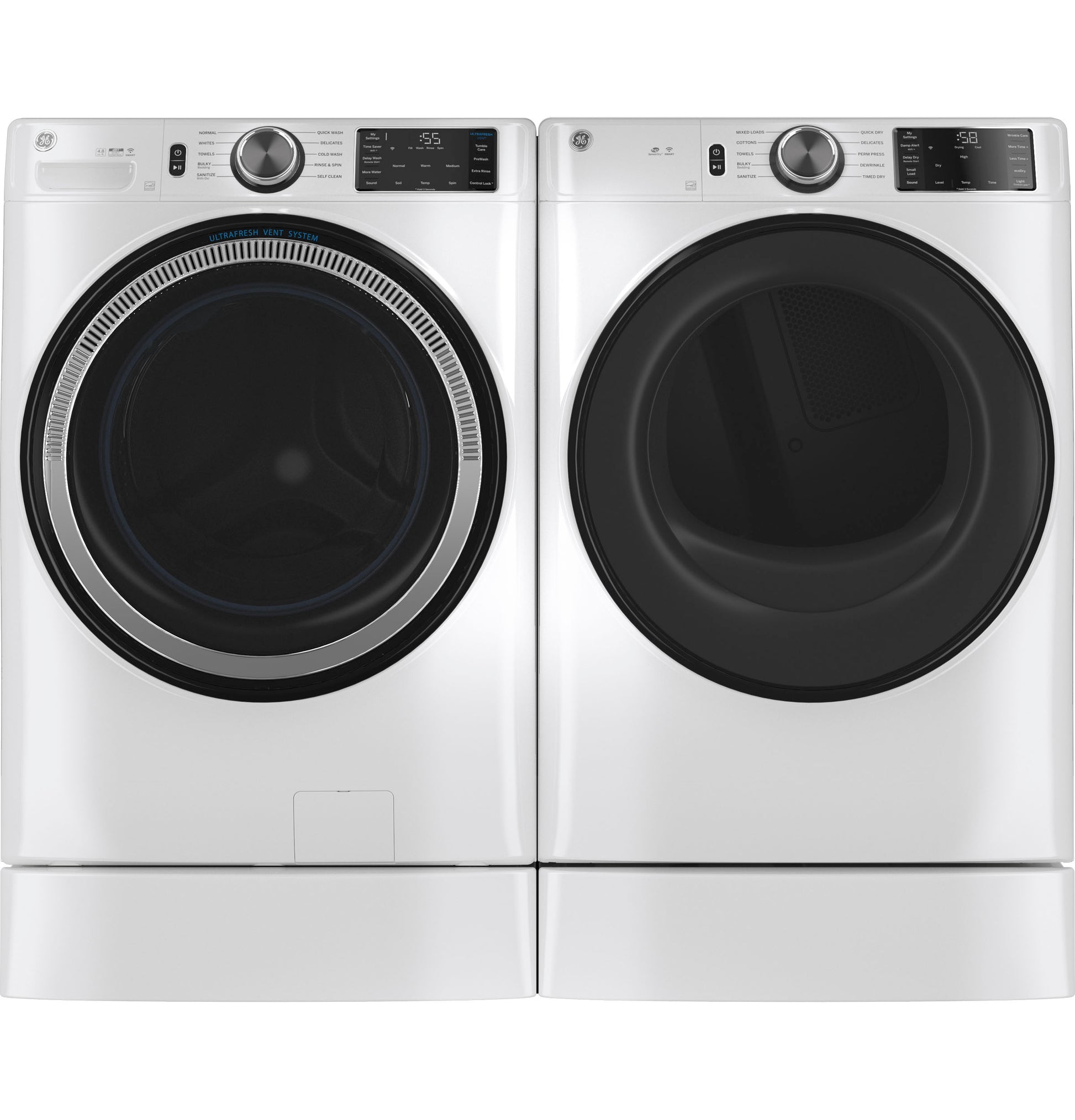 Front view of white front-load washer and dryer on matching risers in Appliance Parts & Accessories collections